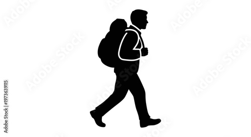 Silhouette of a man walking with a backpack representing travel or hiking.
