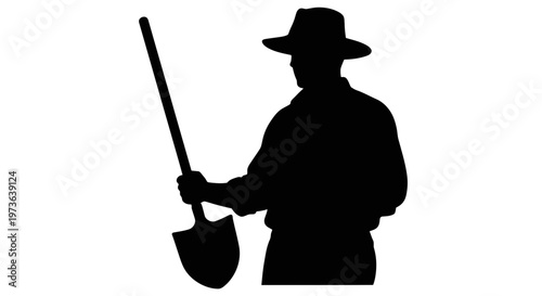 Silhouette of a man wearing a hat and holding a shovel.