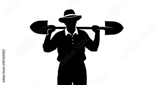 Silhouette of a man wearing a hat and carrying a shovel over his shoulders.