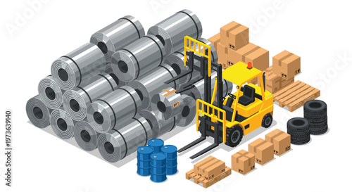 Yellow industrial forklift lifts a heavy metal coil near organized stacks of steel rolls and cardboard boxes in a busy warehouse storage environment.