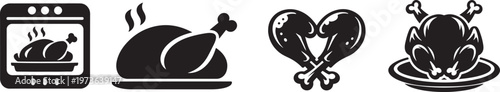 Grill chicken and roast turkey solid icons for festive holiday food isolated