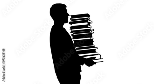 Silhouette of a person carrying a tall stack of books.
