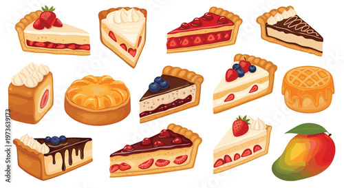 Large variety of fruit tart slices, cakes, and whole fruits including strawberries, blueberries, and a mango displayed on a clean white background.
