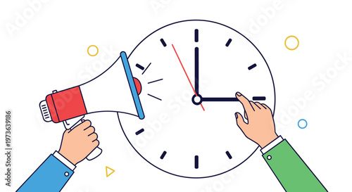 Metaphorical image showing hands adjusting the hands of a large clock while another hand holds a megaphone to announce time or a deadline.