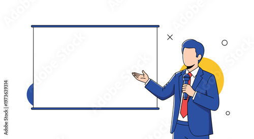 Professional man in a blue suit holding a microphone and gesturing towards a blank white presentation board for copy space in a modern office.