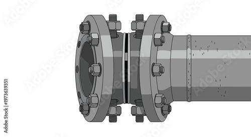 A detailed close-up of a flanged pipe joint reveals a thin gasket sandwiched between two metal faces secured by heavy-duty bolts in a technical setting.
