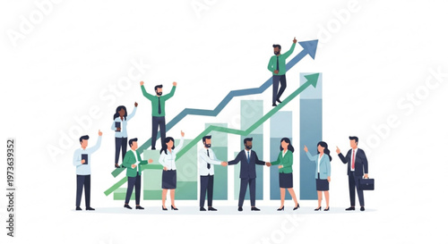 Business people celebrate success with rising graph and arrows symbolizing growth and teamwork in a corporate setting with a white background