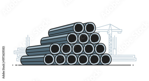 A perfectly organized pyramid stack of dark grey cylindrical pipes rests at a construction site with a crane silhouette in the soft-toned background.