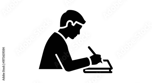 Silhouette of a student writing at a desk symbolizing education and learning.