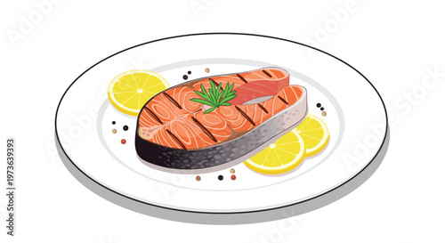 Delicious grilled salmon steak served on a white plate with lemon slices, fresh rosemary, and peppercorns for a healthy and nutritious seafood meal.