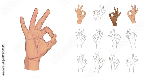 Selection of hand gestures showing the ok sign in various skin tones and drawing styles including realistic, line art, and dotted outlines.