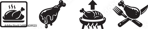 Festive grilled chicken and baked turkey food icons isolated white background