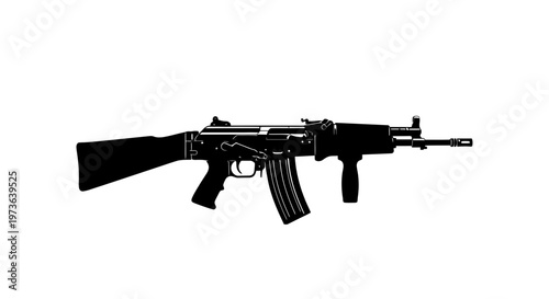 Silhouette of an assault rifle on a white background.
