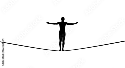 Silhouette of person on tightrope balancing.