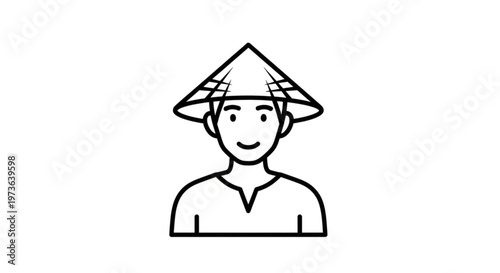 Smiling asian man wearing traditional conical hat and casual shirt simple line drawing
