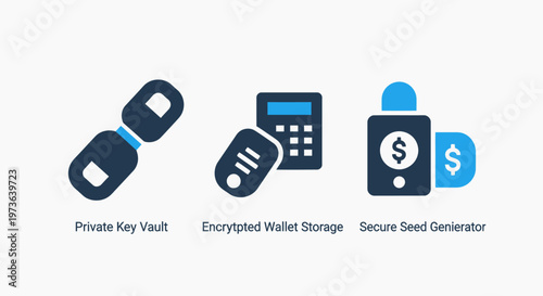 Private key vault, crypto wallet storage, and secure seed generator icons