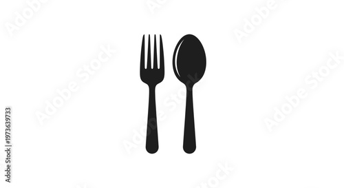 Simple black silhouette of a fork and spoon kitchen utensils.