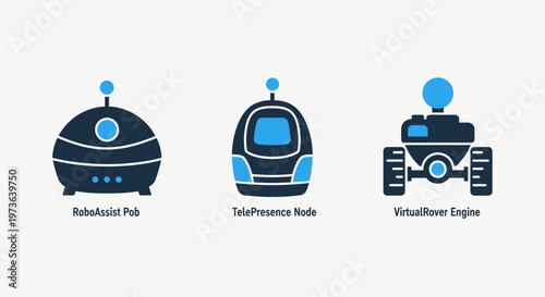 Three robotic icons, including a spherical robot, a car-like robot, and a tracked vehicle robot