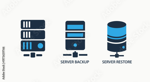 Icons of servers representing data storage, backup, and restore functions in a technology context