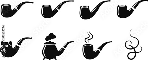 Vintage smoking pipe icons set black silhouette illustrations for design tobacco and retro aesthetics