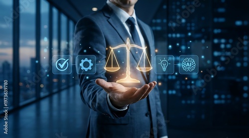Businessman holding digital justice scale icon representing legal technology compliance and corporate law concept