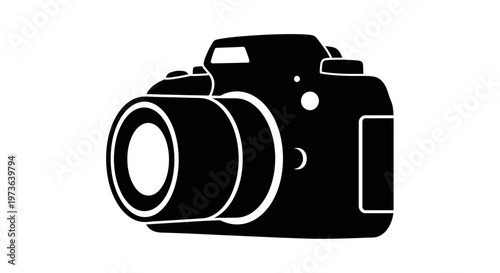 Sleek black digital camera icon with prominent lens.