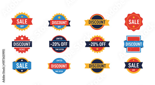 Collection of promotional discount and sale badges with percentage off, including limited time offer, on an isolated white background.