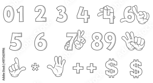 Outline Numbers 0 to 9 and Hand Gesture Icons Set on Isolated White Background