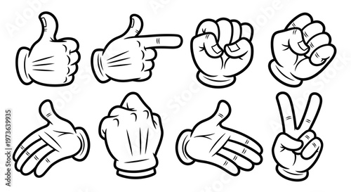 Set of diverse human hand gestures in outline style, including thumbs up, pointing finger, clenched fist, okay sign, open palm, and peace sign on an isolated white background.