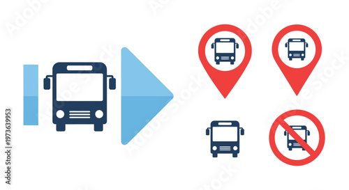 Public Bus Transportation Icons Set with Bus Stop Location Pins and Route on Isolated White Background