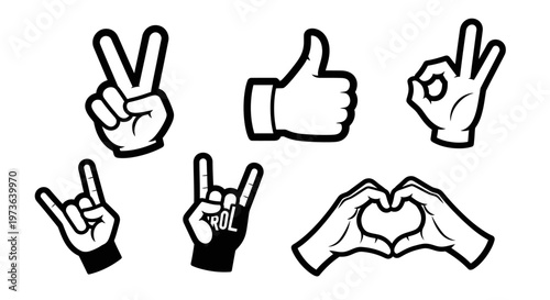 Collection of expressive hand gestures in black and white, including peace sign, okay sign, rock and roll symbol, and heart shape on an isolated white background.