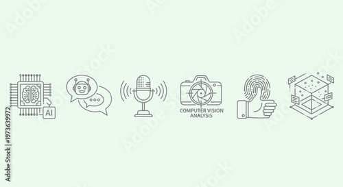 Set of futuristic technology and artificial intelligence line icons featuring AI, speech bubble, microphone, computer vision analysis, fingerprint, and data cube in a bright studio.