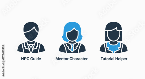 Game character icons: npc guide, mentor, and tutorial helper avatars