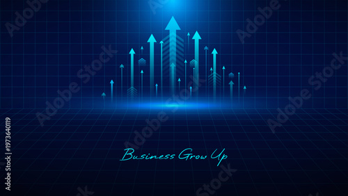 Bilde på lerret Financial progress illustration with glowing blue arrows rising from dark perspective grid background
