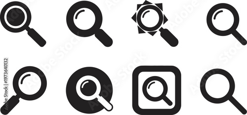 Collection of black magnifying glass icons representing search investigation and detailed examination concepts