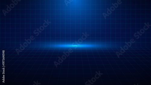 High-tech dark blue floor grid pattern with a luminous central spotlight in empty space. Versatile background for technological product display or digital concepts.