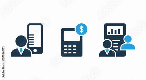 Smartphone, calculator with dollar sign, and business report with user icons
