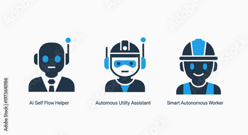 Icons depicting different types of robots: AI bot, cyber duty robot, and construction worker robot