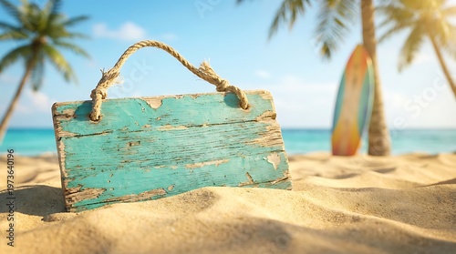 Bright blue wooden signboard placed on sandy beach with palm trees and ocean background tropical vacation concept