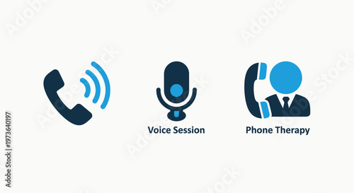 Voice communication and therapy service icons: voice call, voice session, and phone therapy