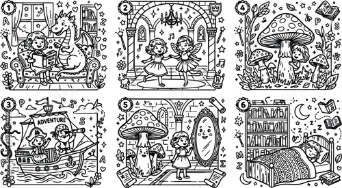 Black and white line art vector set of children fairy tale scenes including dragon reading friendship dance mushroom forest mirror magic and bedtime story illustrations