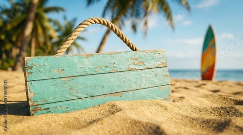 Wooden bright blue signboard on sandy beach with tropical palm trees and surfboard in background summer concept