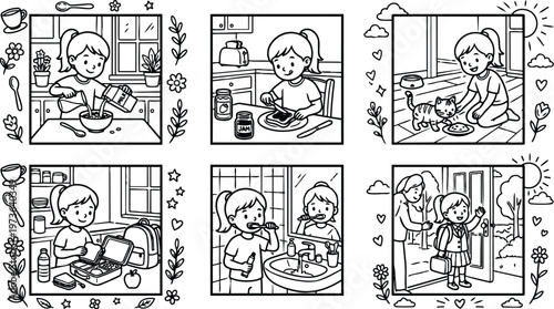 Black and white line art vector showing girl pouring milk mixing cereal spreading jam on bread feeding cat brushing teeth and leaving home with mother in morning routine scenes