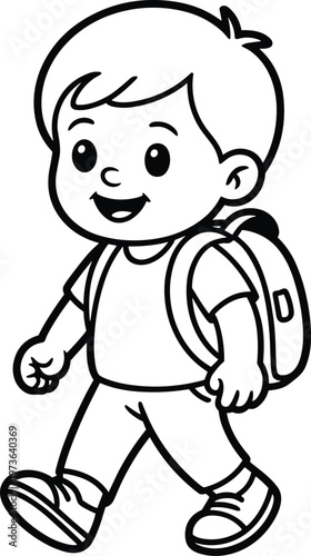 Child walking to school with school bag black and white outline