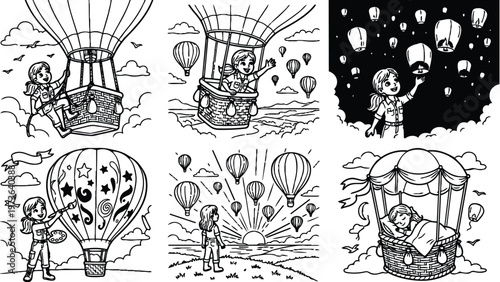 Black and white vector art of smiling girl painting hot air balloon colorful patterns standing beside basket flying among clouds dreaming under starry sky lanterns and sunrise landscape