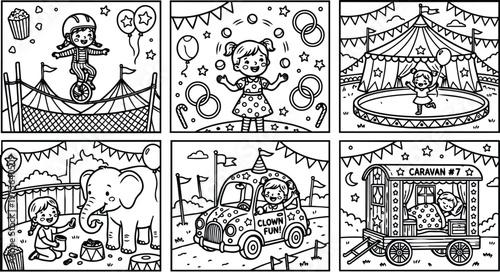 Black and white vector art of smiling kids performing circus acts including unicycle balancing juggling interacting with elephant driving clown car and sleeping in caravan under stars and flags