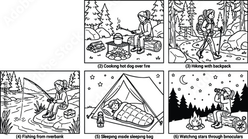 Black and white line art vector showing girl pitching tent cooking hot dog hiking fishing sleeping in bag and watching stars with binoculars camping activities set