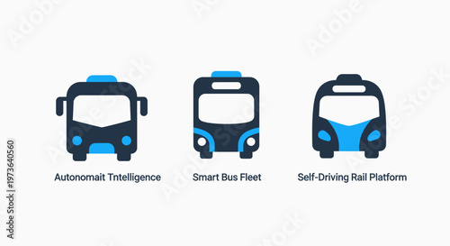 Autonomous transit, smart bus fleet, and self-driving rail platform icons