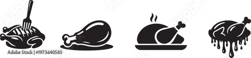  Grilled chicken plate and roast turkey solid icon set isolated background