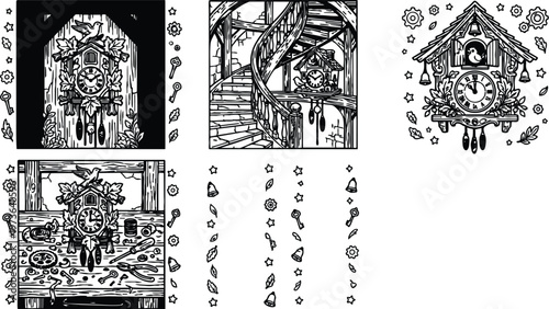 Detailed black and white vector art set featuring classic cuckoo clocks with birds keys gears and leaves in various indoor and mechanical settings vintage style illustration collection